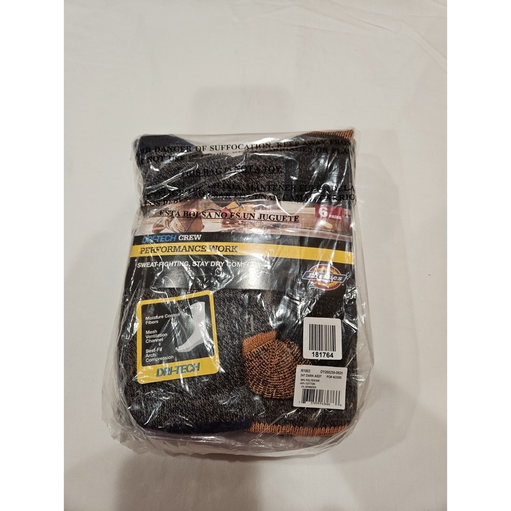 Brand new 6-pair pack of Dickies Dri-Tech Performance Work Crew Socks.Features